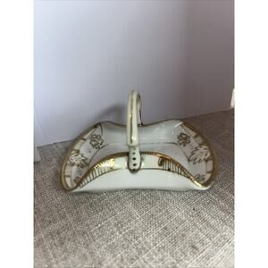 Antique Nippon Bonbon Candy Dish Hand Painted Gold Floral Leaf Handle Japan